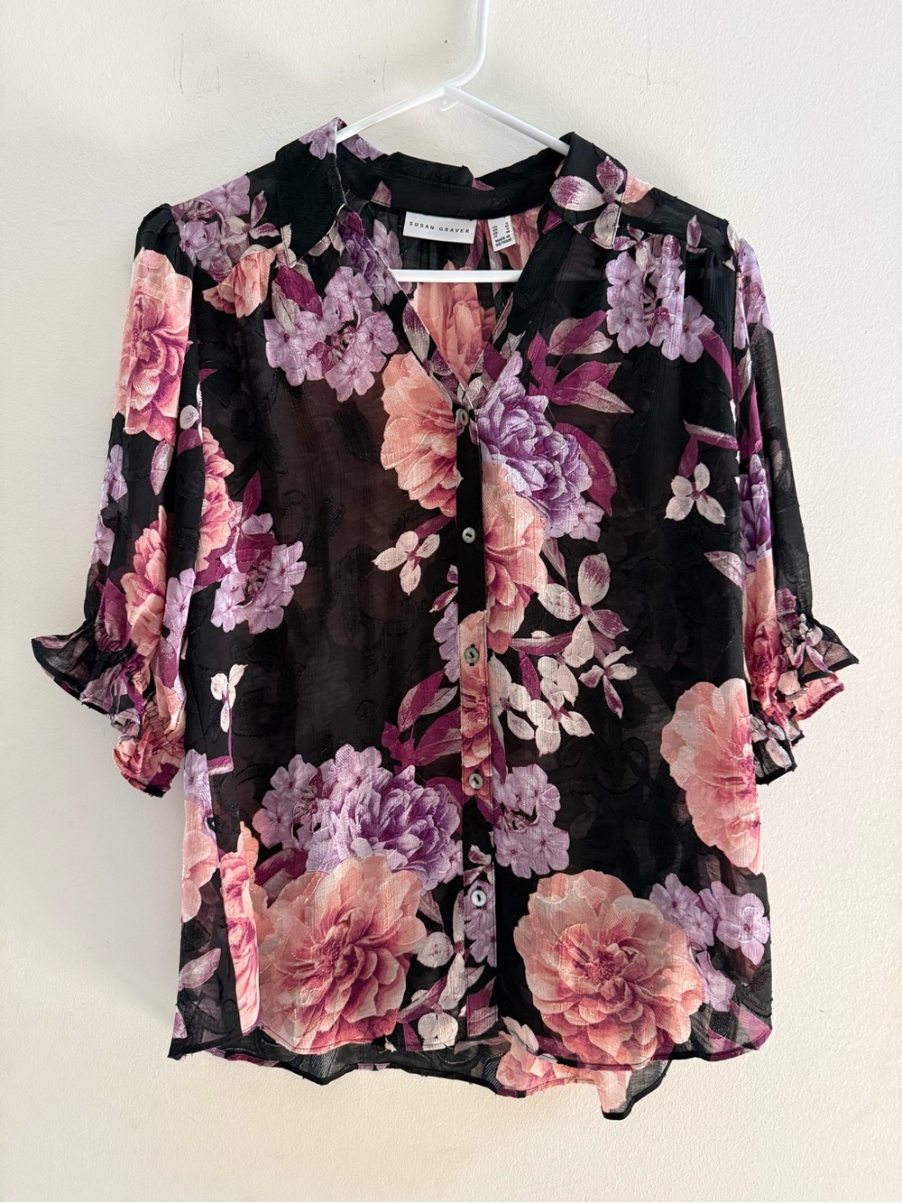 Susan Graver Floral Burnout Sheer Button Front Blouse top Size Small - Picture 2 of 7